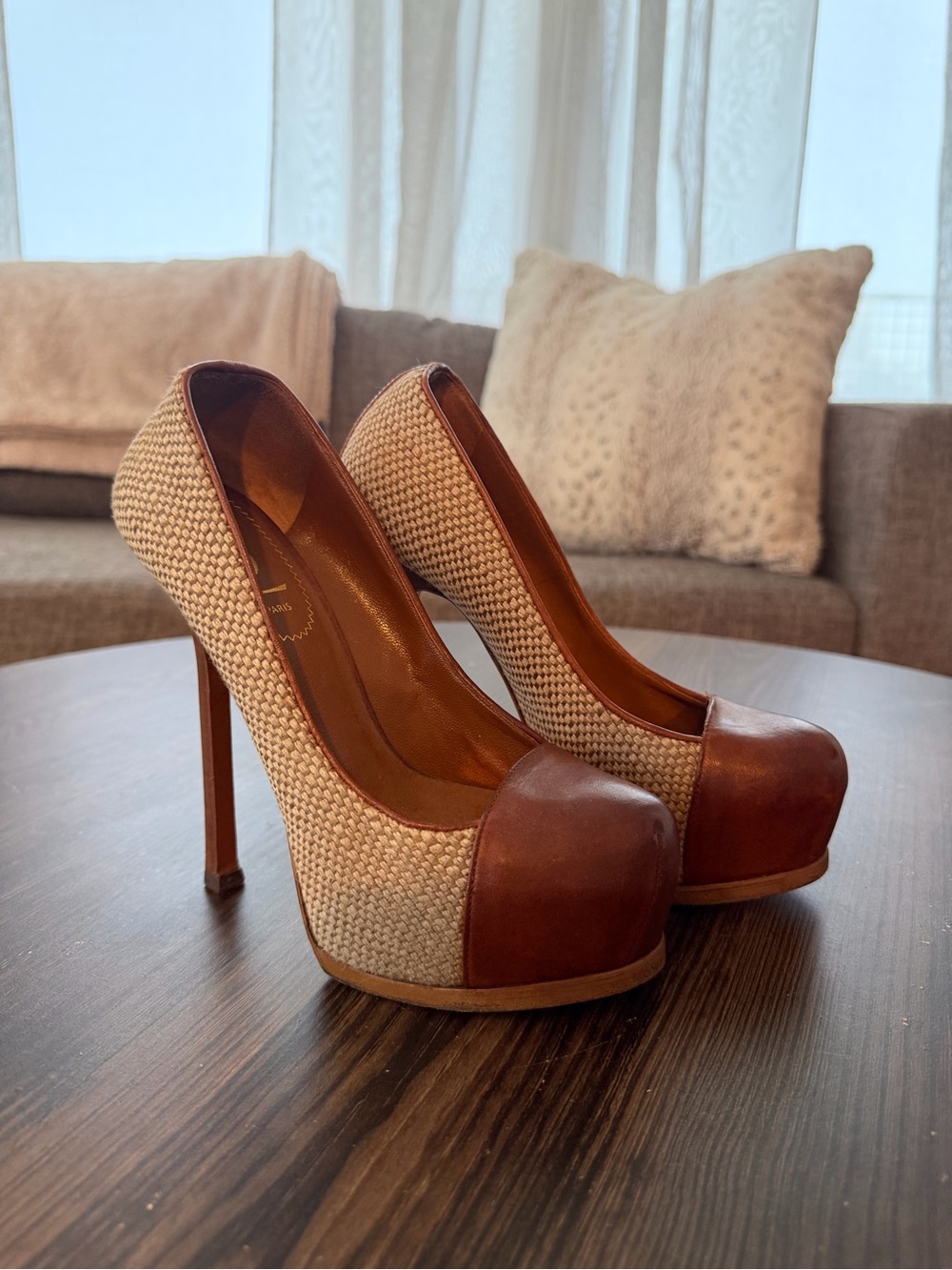 Saint Laurent Beige Woven and Brown Leather Platform Pumps - Picture 1 of 5